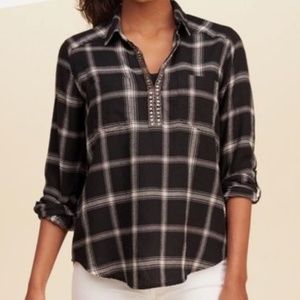 Hollister Black and White Plaid V-Neck with Beaded Neckline - Size S